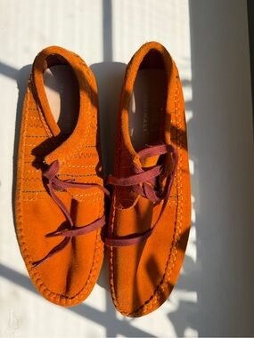 Clarks burnt Orange Suede Men Boat Shoes with Burgundy Laces